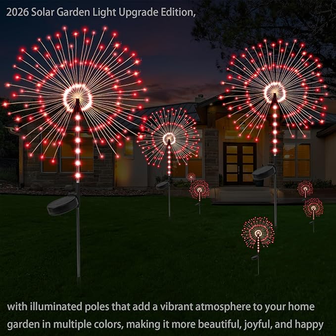 2 Pack 250LED Solar Garden Lights Outdoor, Dual Lighting Modes Firework Lights Solar Powered, Waterproof Twinkle Fairy Light Outside for Yard Patio Pathway Christmas Party Decorative(Red)