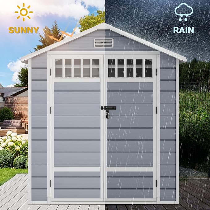 DWVO 6x4.4 FT Outdoor Storage Shed with Fence-Style and Side Windows, Lockable Door, and Vents Resin Storage Shed for Garden Backyard Patio Lawn