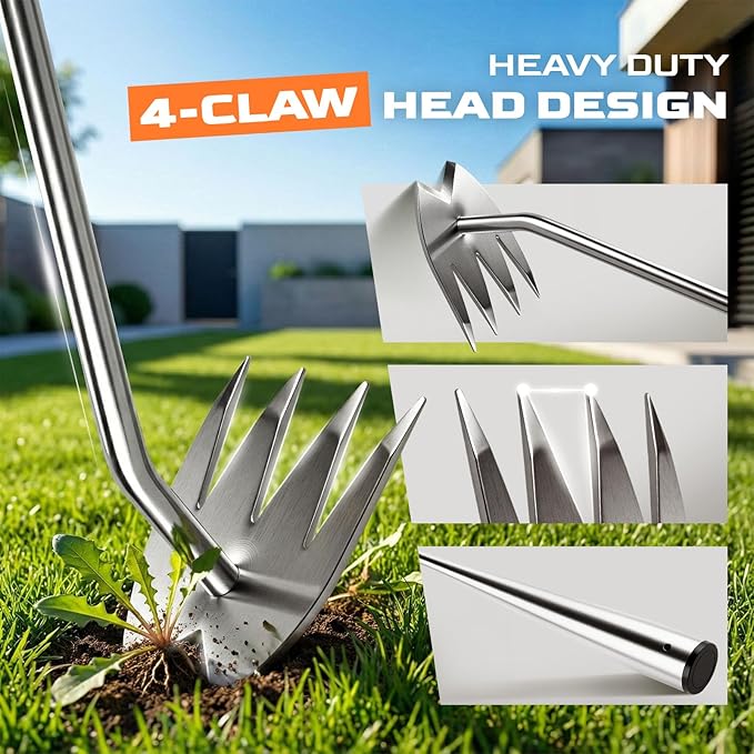 LOOHOI Upgraded Weed Puller Tool, 4-Tooth Stainless Steel Manual Weeder, Garden Weed Remover Tool for Vegetable Gardening Backyard Farm Planting & Weeding