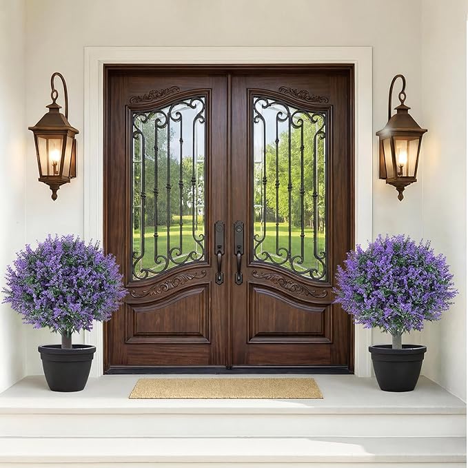 PATIO CHOICE Artificial Topiary Boxwood Ball Trees with Lavender Set of 2 22" Artificial Faux Plants Realistic Bushes Fake Shrubs Decorations for Outdoor Indoor Front Porch Garden