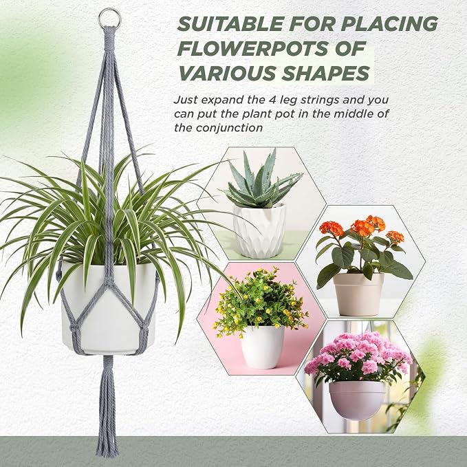 EBOOT 2 Pack 48 Inch Large Macrame Plant Hanger Rope to Hang Flower Pot Plant Holder for Indoor Outdoor Decorations, 4 Legs (Grey)