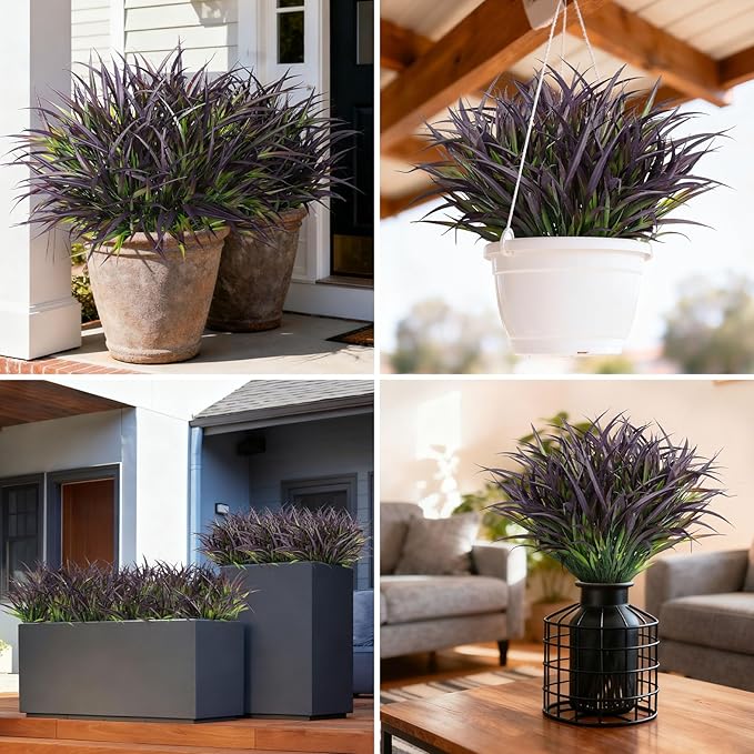 16 Pcs Artificial Plants Outdoor Fake Grass Faux Greenery Stems UV Resistant Plastic Plants Shrubs for Planters Patio Garden Front Porch Pathway Spring Summer Home Decor, Purple