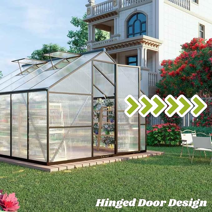 8x14 FT Greenhouse for Outdoors, Polycarbonate Greenhouse with Quick Setup Structure and Roof Vent, Aluminum Large Walk-in Green House for Outside Garden Backyard, Dark Gray