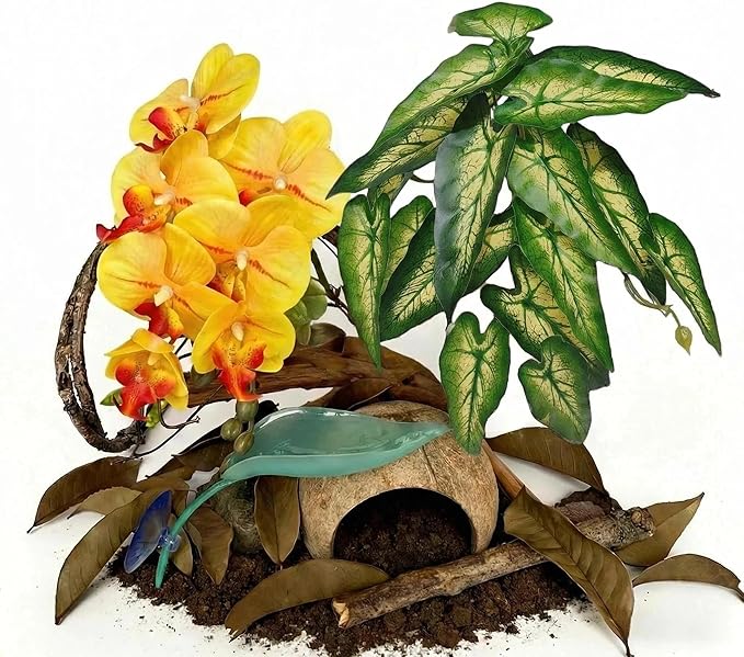 Crested Gecko Terrarium Decor Kit - 5PCS Rainforest Tank Accessories with Coconut Hide, Climbing Vines, Leaf Platform & Artificial Plants - Habitat Enrichment for Humidity & Hiding (Yellow)