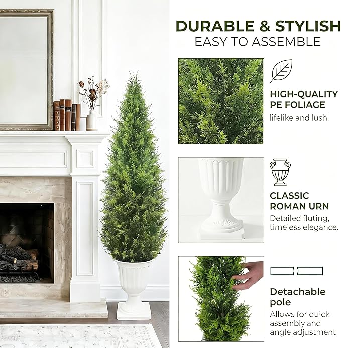 Realistic Artificial Cedar Tree with Planter Set of 2,Faux Topiary Cypress Plant for Home,Office,Living Room,Porch Indoor Outdoor Decor,No Maintenance Fake Evergreen Shrub (3.5FT White)