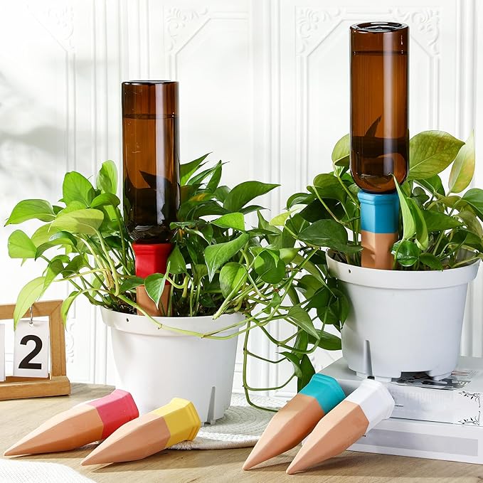 SiliFine 6 Sets Plant Watering Devices Include Terracotta Self Watering Spikes and 26 oz Plastic Bottles, Slow Release Vacation Insert Automatic Plant Waterer Device (Brown and Mixed Color)