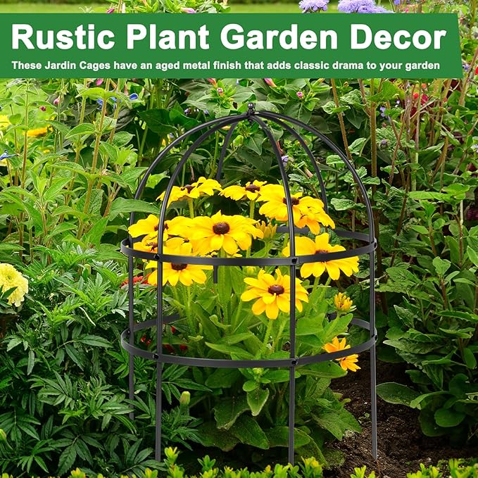 2 Pcs Jardin Bird Cage Plant Support 24" H Large Sturdy Grow-Through Flower Support Peony Cage Climbing Plant Support Trellis Sculptural Garden Decor for Perennial Flowers (Black)