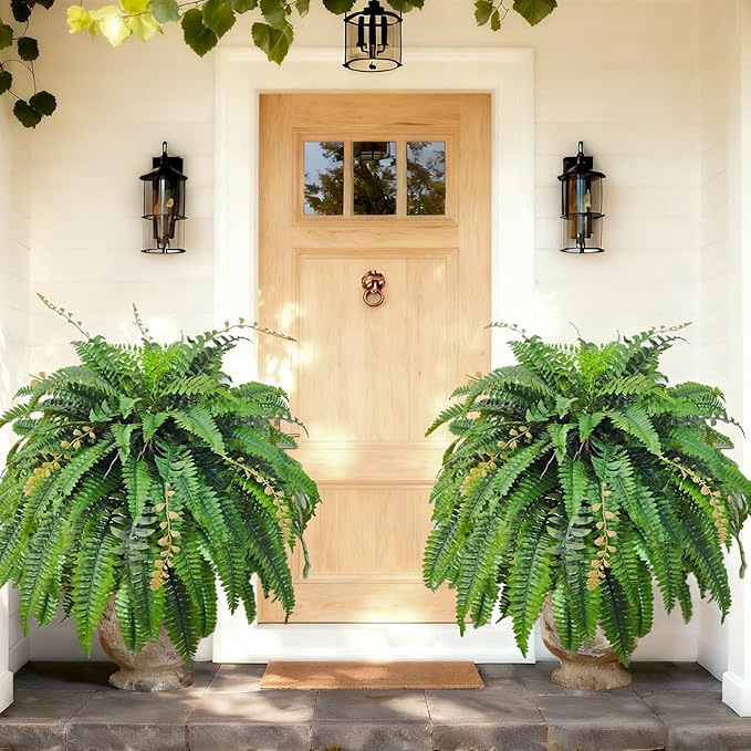 2pcs 48in 88 Blades Artificial Boston Ferns for Outdoors Large, UV Resistant Faux Outdoor Plants,Weatherproof Fake Ferns Plants Outdoor Indoor for Garden Porch Patio Home Decor