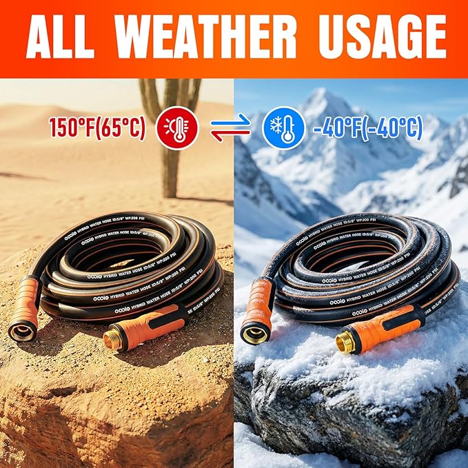 Garden Hose 50 ft x 5/8", Heavy Duty Water Hose, Flexible and Durable, Kink Resistant Lightweight Hybrid Hose, Leakproof Yard Hose with Male to Female Fittings