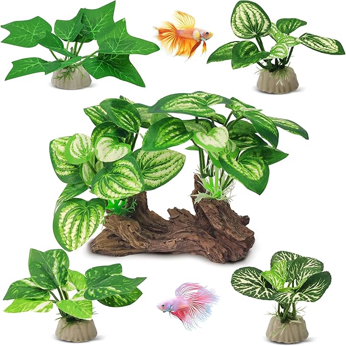GOZILLA Silk Fish Tank Plants,Reptile Artificial Plant,Reptile Plants for Terrarium,Aquarium Decorations Accessories Set,Resin Driftwood Artificial Silk Aquarium Plant for Fish Tank.(5PCS/B-Set)