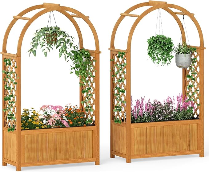 Giantex Set of 2 Raised Garden Bed with Arch Lattice Trellis, for Climbing Vine Flower Vegetable, Wood Planter Box with Liner & Drainage Design, Outdoor Plant Container for Yard Balcony (33"x15"x57")