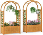 Giantex Set of 2 Raised Garden Bed with Arch Lattice Trellis, for Climbing Vine Flower Vegetable, Wood Planter Box with Liner & Drainage Design, Outdoor Plant Container for Yard Balcony (33"x15"x57")