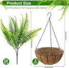lovemoon Fake Ferns Plant Baskets,2PCS Artificial Hanging Plants,2 Hanging Planters with 24 Pcs Leaves for Indoor Outside Decorations for Front Porch Garden Balcony Patio Home Decor (2, Light Green)