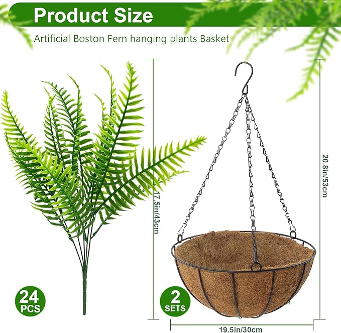 lovemoon Fake Ferns Plant Baskets,2PCS Artificial Hanging Plants,2 Hanging Planters with 24 Pcs Leaves for Indoor Outside Decorations for Front Porch Garden Balcony Patio Home Decor (2, Light Green)