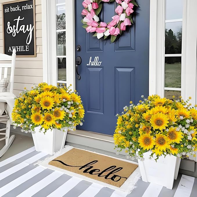 Artificial Sunflowers Faux Flowers Plants for Spring Outdoor UV Resistant, Fake Silk Realistic Yellow Sun Flowers for Easter Outside Porch Planters Patio Home Decoration, 8 Bundles