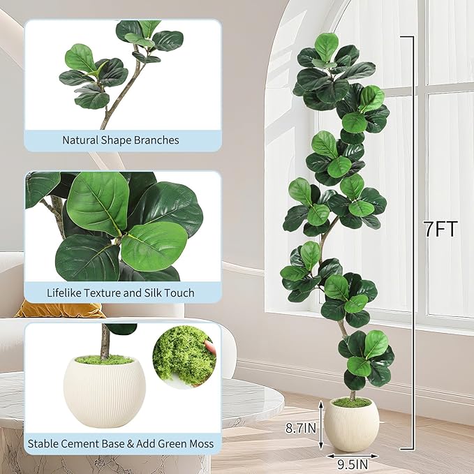GarveeHome Fiddle Leaf Fig Artificial Tree with White Planter,7 ft Faux Plants Indoor with Moss, Fake Rubber Tall Fake Floor Plant in Pot - Artificial Trees for Home Office Living Room Decor