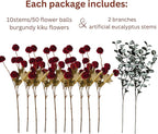 RyddeligHome Faux Red Flowers Artificial 10 Long Stems + Eucalyptus, Burgundy Wine Colored Silk Mum Flowers for Decor, Fall Table Centerpieces, Dark Red Faux Mums