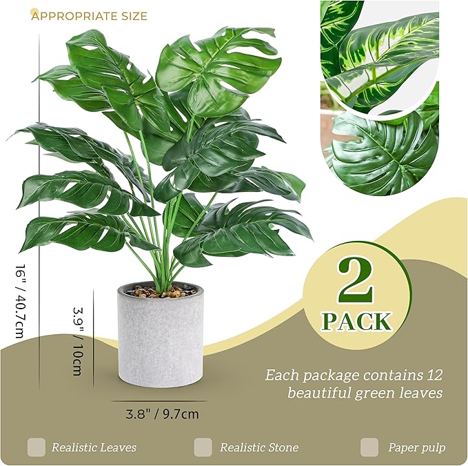 2pcs Fake Plants 16" Faux Plants Artificial Tropical Plants Indoor for Home Office Desk Kitchen Bathroom Table Shelf Decor