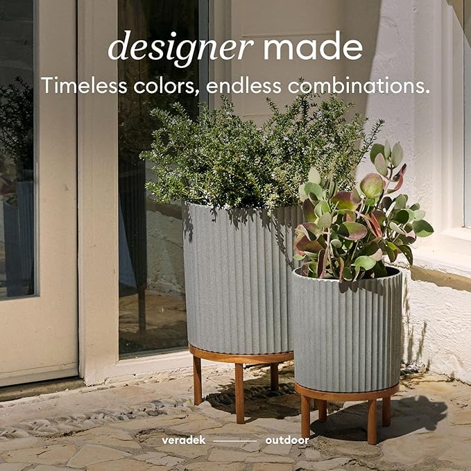 Veradek Demi Series Round Planter w/ Stand for Porch/Patio | Durable Plastic-Concrete & Wooden Stand | Modern Décor for Tall Plants, Flowers