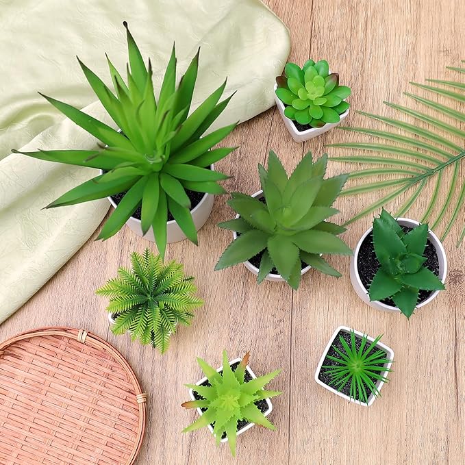 7 Pack Small Fake Plants Artificial Succulent Plants in White Pots Artificial Greenery for Room Home Bathroom Bedroom Office Modern Decor