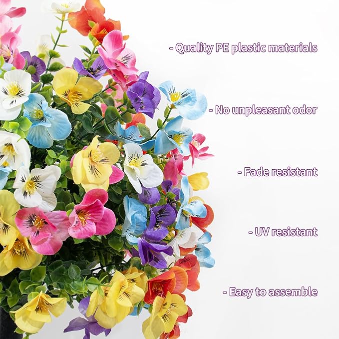 2 Pack Artificial Pansy for Outdoors with Ground Spike, Artificial Flowers Topiary Ball Trees Faux Flowers Bushes for Front Porch Planters Patio Garden Yard Decor (Purple, Red, Blue, White, Yellow)