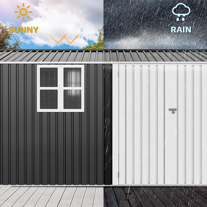 DWVO 12x8ft Large Tool Storage Shed with Window, Lockable Doors, and Sloped Roof, Oversized Steel Outdoor Storage Shed for Garden, Patio, Garage, Backyard, Lawn(Gray + White)