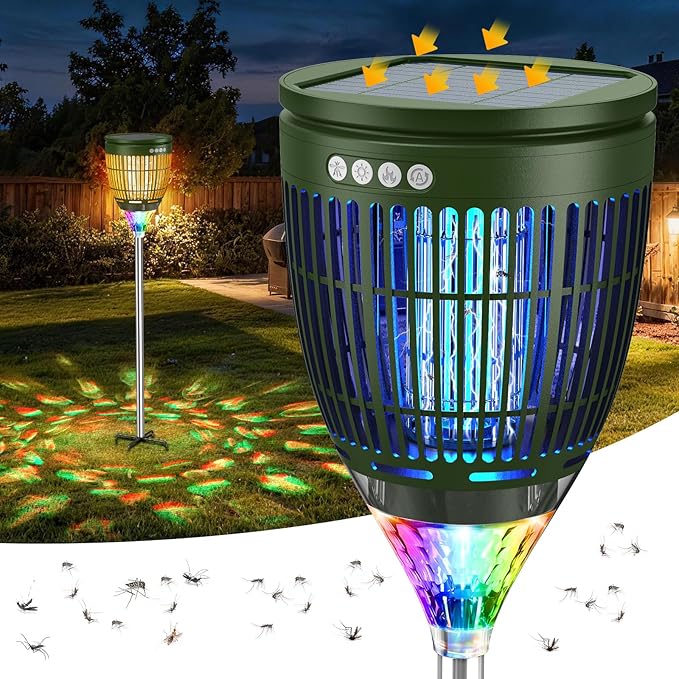 Solar Bug Zapper Outdoor, Jinyeda 4200V Mosquito Zapper with RGB Projector & Flame Lights, Cordless Mosquito Killer, USB Rechargeable Fly Insect Trap Waterproof Lighting Decor for Patio, Garden, Yard