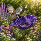 Metal Flower Garden Stakes Bird Bath, Handmade Metal Flower Garden Stake with Bee Bath, Bird Water Bowl Water Station for Outdoor Yard Lawn Patio Decor (Purple)