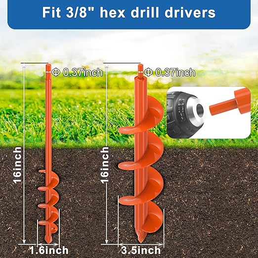 2Pcs Garden Auger Drill bit for Planting Bulb 1.6"x16", 3.5"x16" inch Heavy Duty Drill Augers for Digging Holes & Bulb Vegetable Flower Planting - Fit 3/8" Hex Cordless & Corded Drills