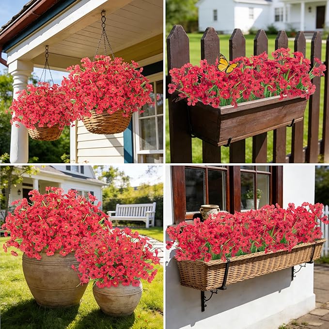 Roberly 24 Bundles Artificial Flowers for Outdoors UV Resistant Silk Fake Flowers Faux Plastic Plants for Porch Garden Window Box Indoor Outdoor Spring Summer Home Farmhouse Decor, Red