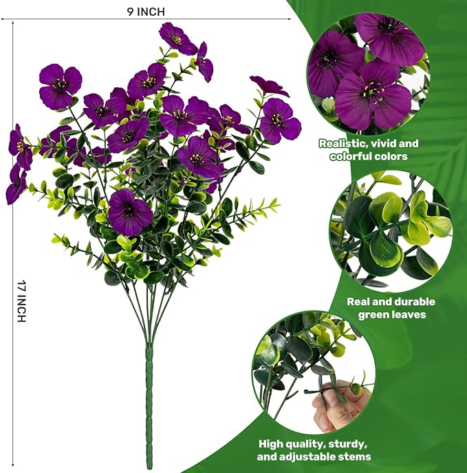 17 Inch Artificial Faux Pansy Flowers for Outdoor,Fake Pansies Flowers with Eucalyptus Leaves Fake Plants Greenery Boxwood Porch Patio Decor 6 Bundles(Dark Purple,Lotus Purple,Light Purple)
