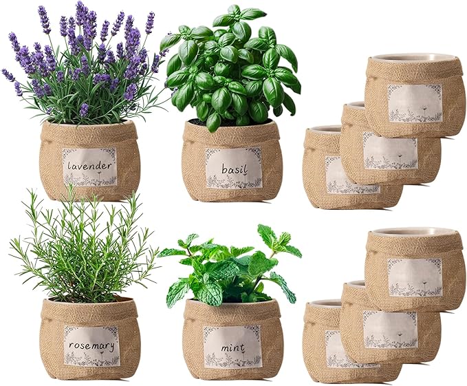 10 Sets herb pots for Indoor Plants,5 inch Clear Plastic Plant Pots with Drainage and Saucer,herb planters with Vintage Decorative Burlap Flower-Pot Cover for Windowsill, Kitchen, Balcony