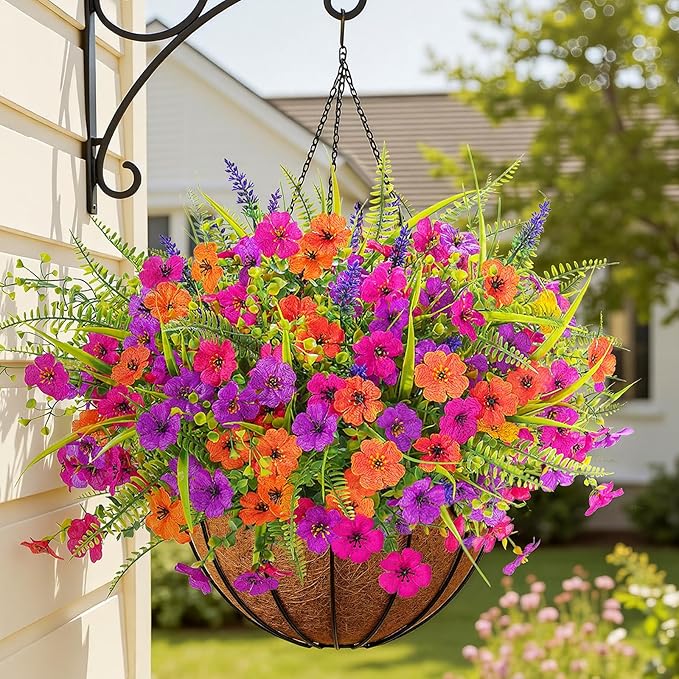Alupssuc 36 Bundles Artificial Flowers for Outdoors Spring Decoration, UV Resistant Eucalyptus Violet and Lavender Silk Fake Plants for Outside Indoor Yard Home Patio Decor, Orange Rose Purple