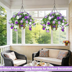 Artificial Flowers Hanging Baskets for Outdoors, 5PCS UV Resistant Faux Outdoor Plants, Fake Petunias Silk Flowers for Garden Balcony Yard Porch Decor (White Green Purple)