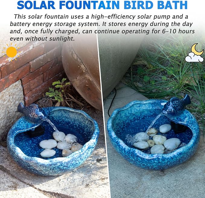 Ceramic Solar Fountain Bird Bath with Battery Backup,Bird Bath for Outside,Bird Bath Bowl for Garden, Patio & Yard Decor,Working at Night for at Least 6 Hours (Koi Fish).