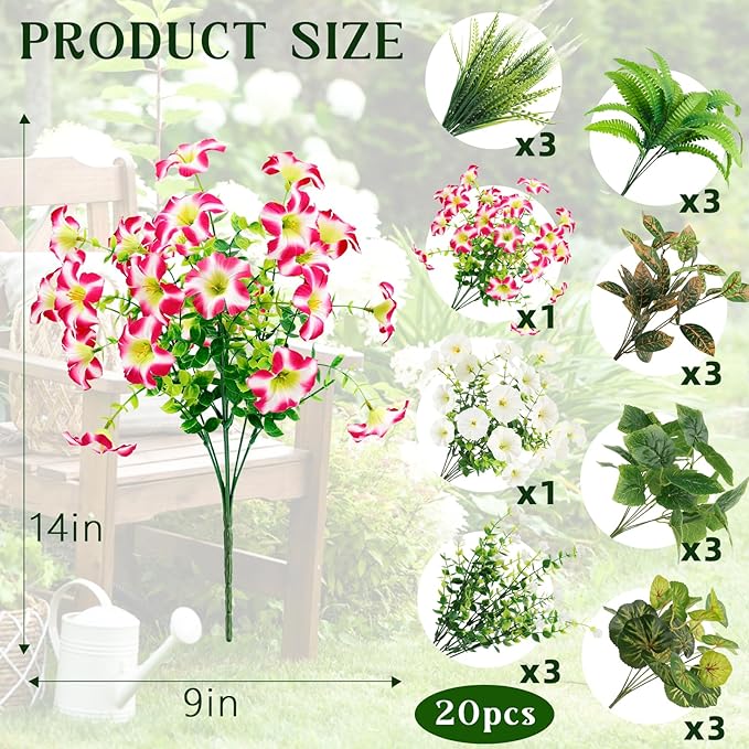 HOHOTIME Artificial Plants Outdoor, Realistic Faux Greenery & Flowers UV Resistant Fake Plastic Begonia Morning Glory Eucalyptus Fern for Outdoor Decorations Patio Garden Front Porch Yard Decor