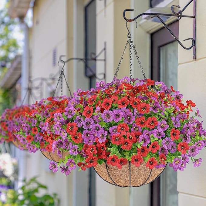 2 Set Artificial Flowers Hanging Plants in Basket,Artificial Hanging Flowers for Outdoor Indoor Decor,UV Resistant hanging Baskets with Fake Flowers for Spring Summer Patio Garden Porch Deck Decor