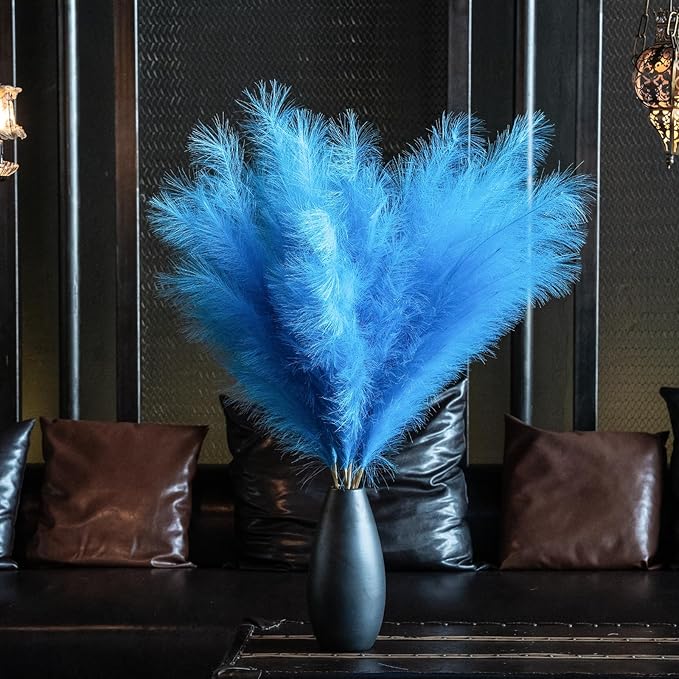 Premium Faux Navy Blue & Sky Blue Pampas Grass Decor – 43.3″8pcs Tall Fluffy Dual-Tone Feather Flowers, No Assembly 18-Branch One-Piece Stems for Coastal Boho Wedding & Modern Home Decor (8pcs 110cm)