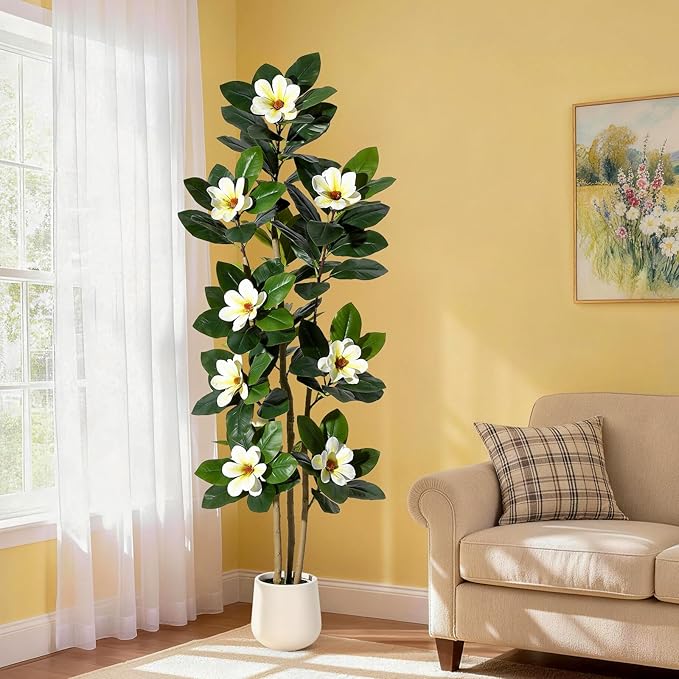Fiddle Leaf Fig Tree 6FT Tall Artificial Plant, Large Fake Tree in White Planter, Faux Rubber Tree Fake Floor Plant with Magnolia Flowers - Artificial Tree for Home Office Living Room Decor, White