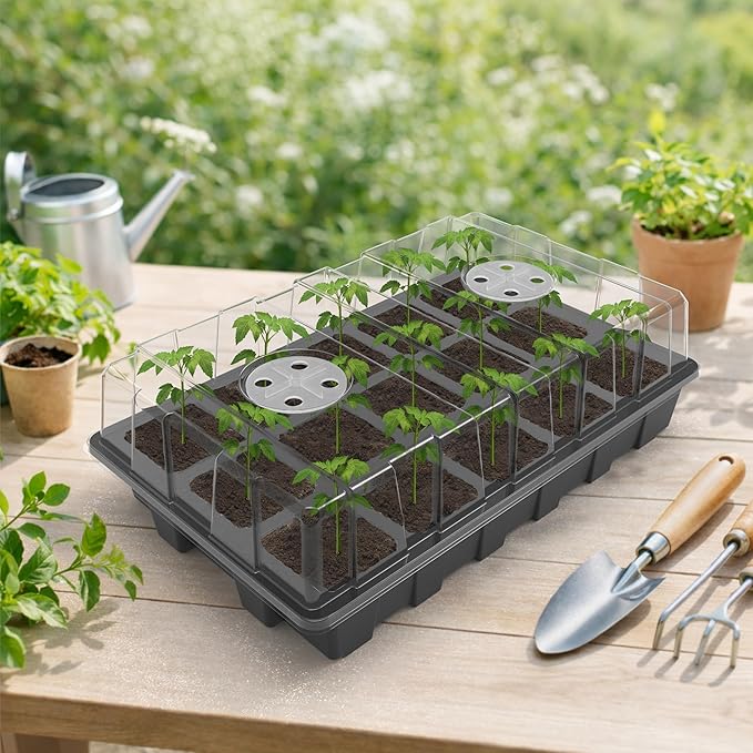 Gardzen 10-Pack Seed Starter Kits, Reusable Plant Germination Trays with Total 150-Cell, Seed Starter Tray with Humidity Vented Domes and Bases for Starting Vegetable Flower Herb Seeds 15" x 9"