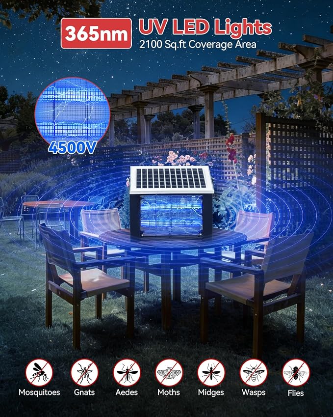 LANGY 10W Solar Bug Zapper Outdoor, 4500V Mosquito Zapper Outdoor Solar Waterproof Fly Zapper w 365nm Light, 5Ah Battery, 16.4ft Cord & Brush, Rechargeable Wireless Fly Insect Zapper Mosquitos Trap