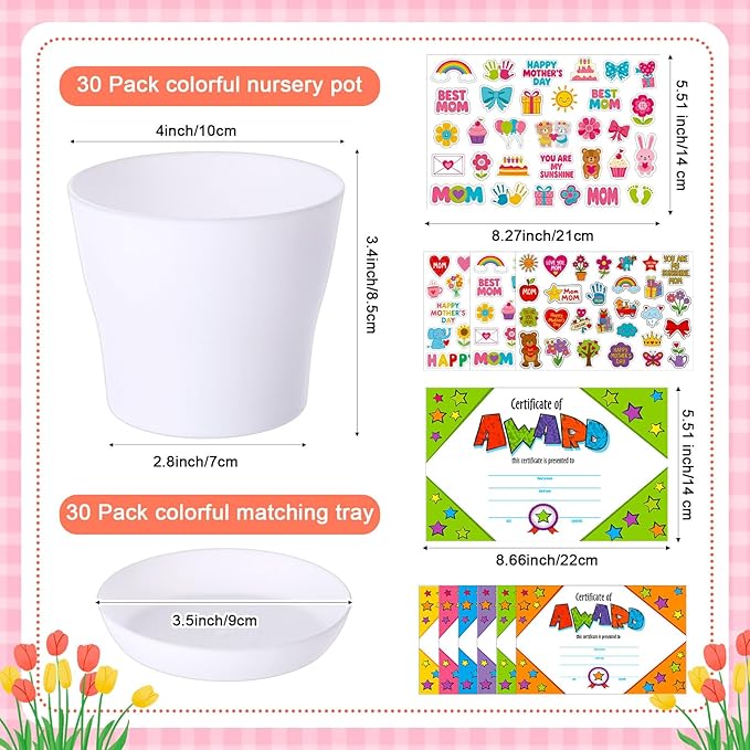 Domensi 30 Pack Garden Pot Craft Kit 4 Inch DIY Happy Mother's Day Crafts for Kids Bulk Small Plastic Flower Plant Pot Plastic Planter with Tray Drainage Holes with Tag, Certificate of Award, Sticker