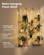 Bamworld Hanging Shelves 8Tiers with Light Plant Hanger Indoor Window Plant Shelves Wood Plant Wall Shelf Window Sill Plant Shelf Indoor Hanging Plant Stand Living Room Decor Garden Boho Decor
