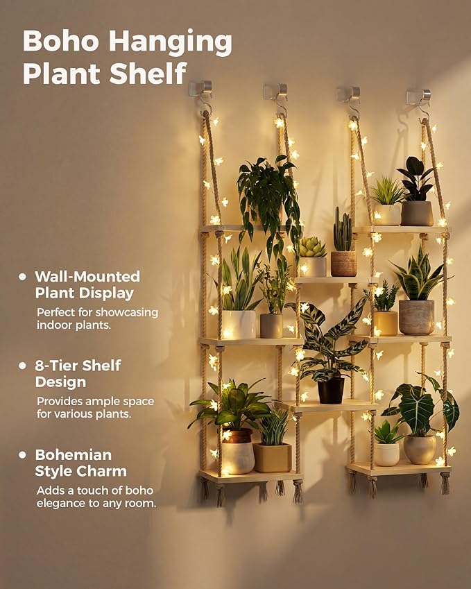 Bamworld Hanging Shelves 8Tiers with Light Plant Hanger Indoor Window Plant Shelves Wood Plant Wall Shelf Window Sill Plant Shelf Indoor Hanging Plant Stand Living Room Decor Garden Boho Decor