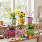 6 Pack Paint and Flower Plant Gardening Kit Stainless Steel Pots Colorful Metal Iron Flower Pots Acrylic Paint Gardening Tools Brushes Stickers for DIY Garden Painting Crafts