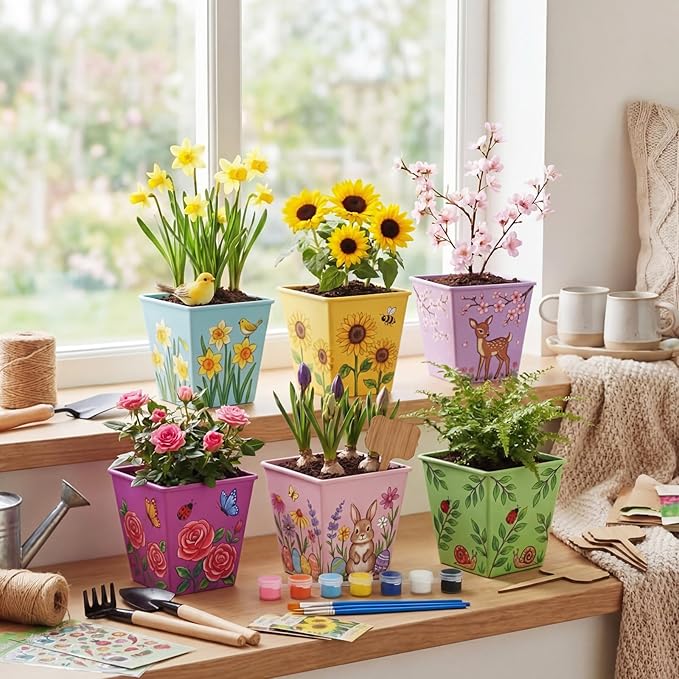 6 Pack Paint and Flower Plant Gardening Kit Stainless Steel Pots Colorful Metal Iron Flower Pots Acrylic Paint Gardening Tools Brushes Stickers for DIY Garden Painting Crafts