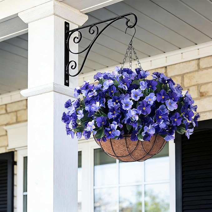 INXUGAO Artificial Hanging Flowers with Basket Outdoor, Fake Hydrangea UV Resistant Arrangements in Pot Planter Spring Summer Decor for Indoor Porch Garden Yard (Double Blue)