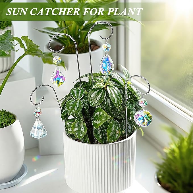 HDCRYSTALGIFTS Set 4 Small Trellis with Crystal Prisms Suncatchers for Mini Potted Plants Decorations, Rainbow Maker Plant Stakes Sun Catchers Plant Accessories Indoor (Sliver,7.5inch)