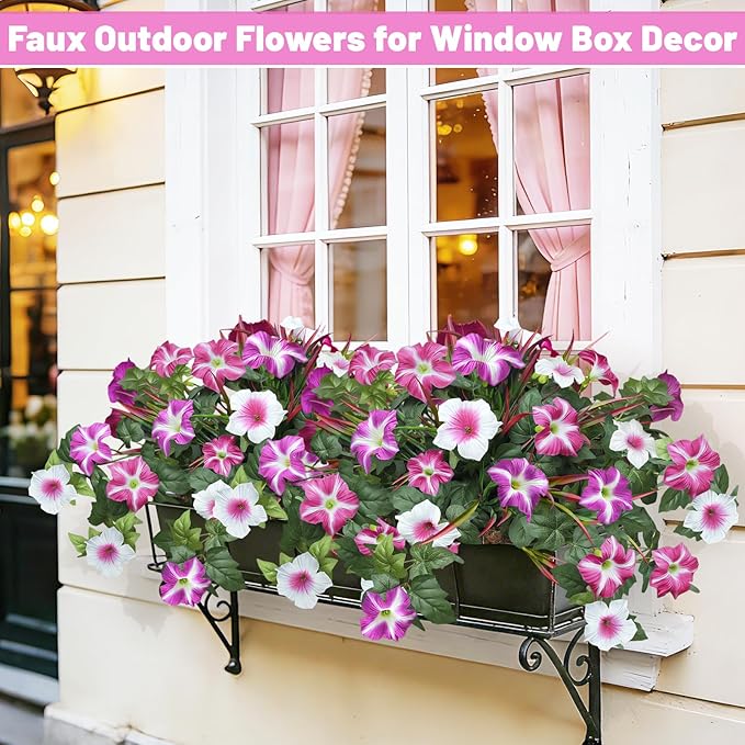 Artificial Flowers Plants for Outdoors, 6PCS UV Resistant Faux Flowers Outdoor Plants, Fake Petunias Silk Flowers for Garden Balcony Yard Porch Decor (White Red Lotus)