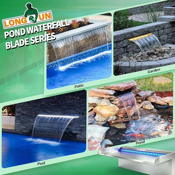 LONGRUN with lid Stainless Steel Waterfall Spillway, APP Control Multi-Color LED Light Outdoor Pool Fountain, Water Spillway Koi Pond Waterfalls Fountains Kit for Garden Patio Swimming Pool-35.4"